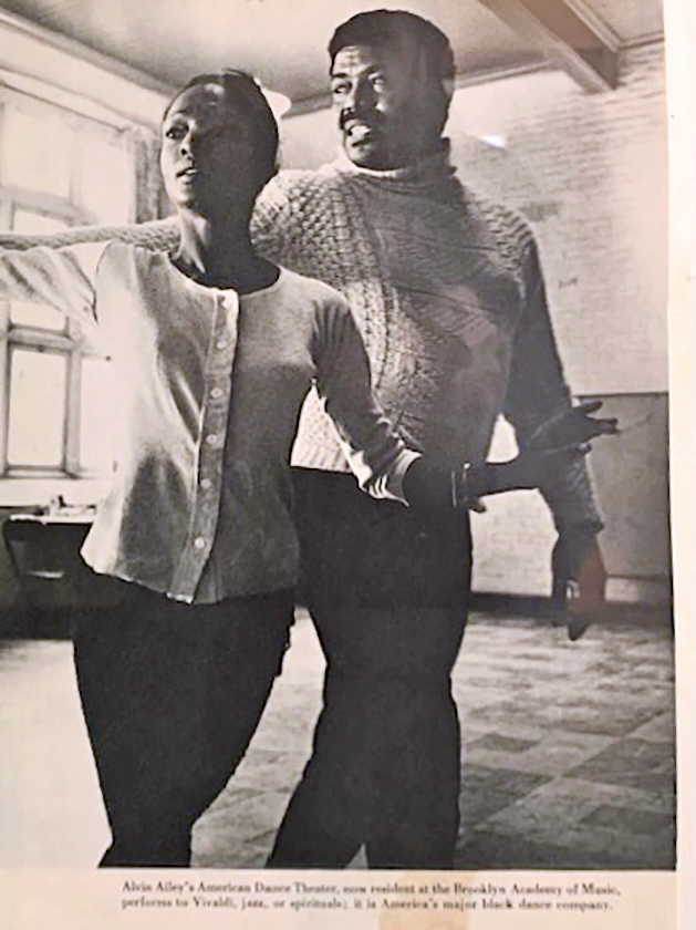 A black and white photo of a man and a woman in a dance studio. Both are Black and wear dance attire.
