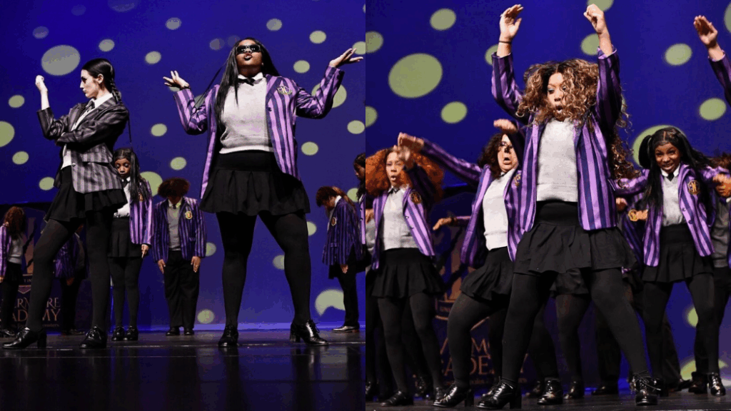 Two photos side-by-side of high school step dancers performing a "Wednesday" number onstage. They wear purple, black, and gray uniforms with striped blazers. On the left, two dancers pose with sass. On the right, a dancer in front raises her arms as her momentum goes upward.